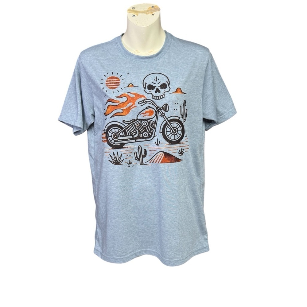 Next Level Apparel Blue Tee with Motorcycle and Skull Design size small NWT